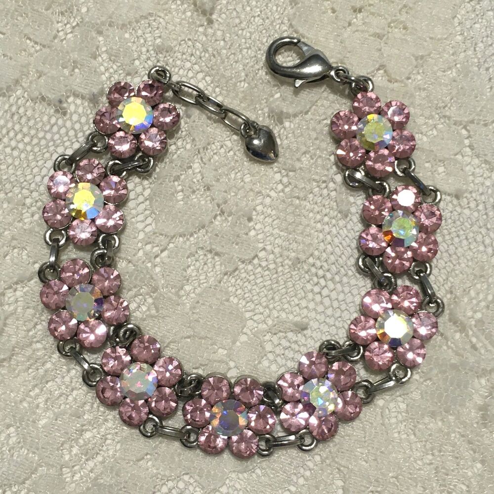 Rhinestone Floral Chain Bracelet Pink AB Stones Silver tone Coquette girl style